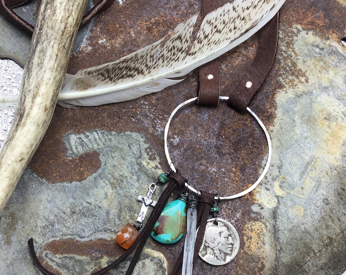 Made to order charm necklace with leather large sterling hammered hoop with vintage buffalo nickel and turquoise drops in cowgirl magazine!
