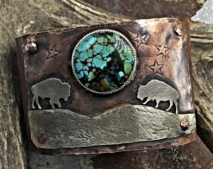 Made to order all turquoise varies Moonlight rendezvous leather and copper cuff bracelet , Bison, cowgirl, OOAK