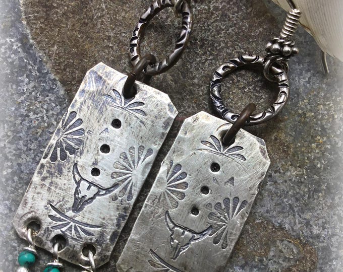 Little dainty sterling stamped steerhead earrings by Weathered Soul ,rustic cowgirl, lightweight too, sterling ear wires,jasper drops