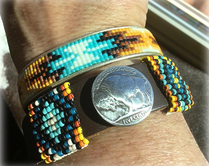 Leather narrow sweet buffalo nickel concho bracelet with bead work simple and classy western style by Weathered Soul jewelry two snap closer