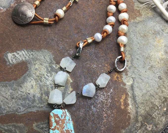 Nevada eight mined American turquoise large slab makes up the pendant for this beautiful pearls and leather necklace Buffalo nickel closure