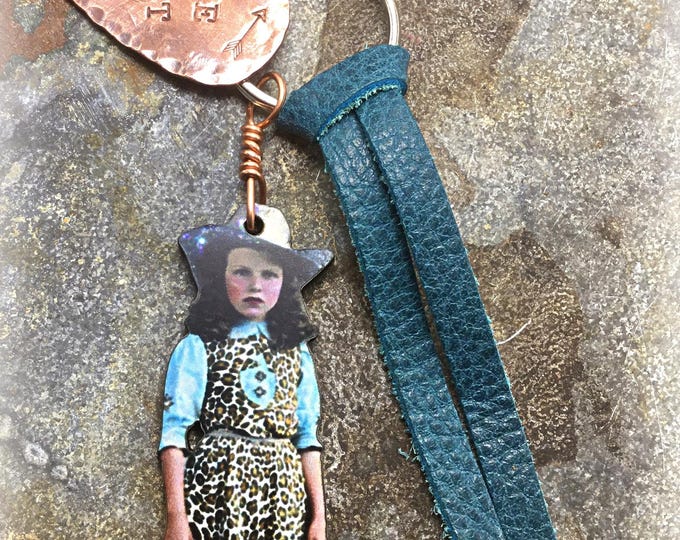 Cowgirl keychain by Weathered Soul, they all have a character of their own, like cowgirls do! Wood cut out with leather and charms