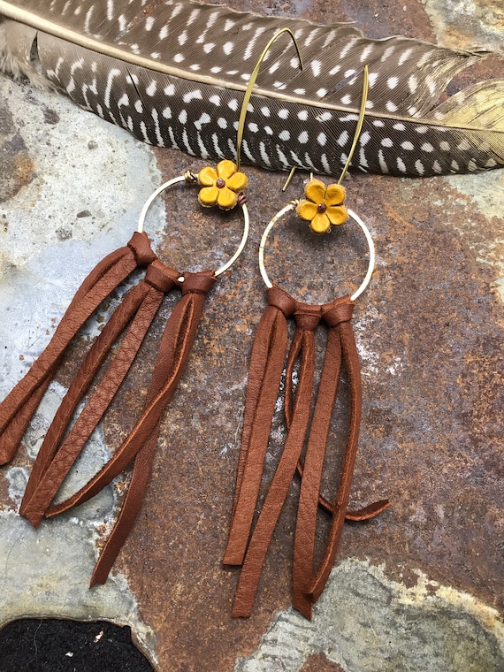Boho  fringes, bowestern, cowgirl fashion, bronze  with leather, statement earrings,western style