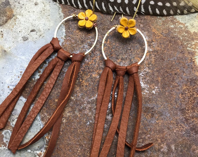 Boho  fringes, bowestern, cowgirl fashion, bronze  with leather, statement earrings,western style
