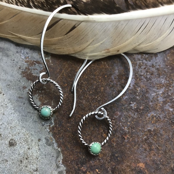 Sweet dainty small rope hoops with a touch of genuine turquoise bezel set centered stones