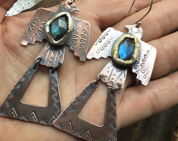 Rustic copper thunderbird earrings with bezel set labradorite,western style,Native American style