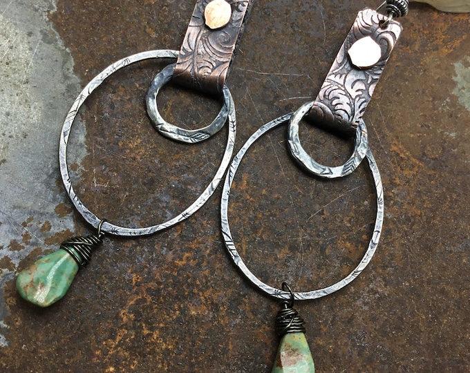 Hoops and hoops earrings by Weathered Soul, turquoise and hammered rustic sterling abstract shapes dangle by handmade ear wires, USA art