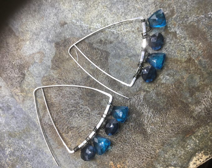 Through the ear one piece triangular sterling hoops with topaz and Iolite flashing faceted cut quality gemstones made by Weathered Soul