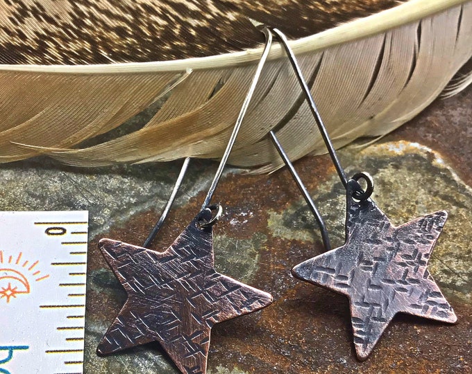 Shoot for the stars sweet copper and sterling rustic little drop earrings oxidized with long ear wires