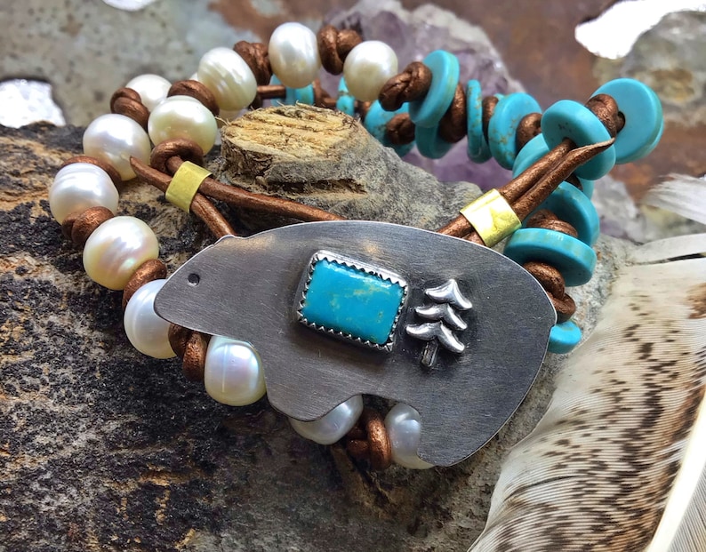 Native art inspired USA cowgirl chic button closure,artisan made pearls Zuni bear turquoise wrap bracelet or choker necklace,leather