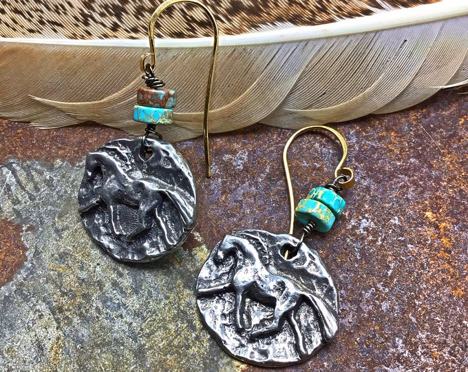 Prancing pony balance earrings with a touch of turquoise by Weathered Soul, horse lover, nature inspired