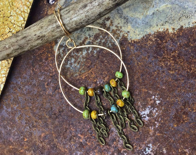 Simple fringe hoop earrings by Weathered Soul jewelry, ceramic muted beads sandwiched between bronze chain,urban chic,boho,minimalist