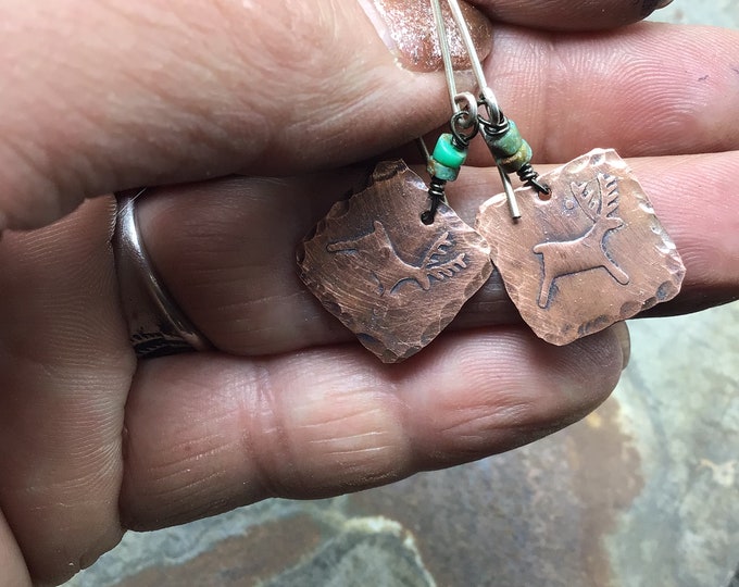 Tiny deer oxidized copper earrings with sterling wires and a touch of turquoise