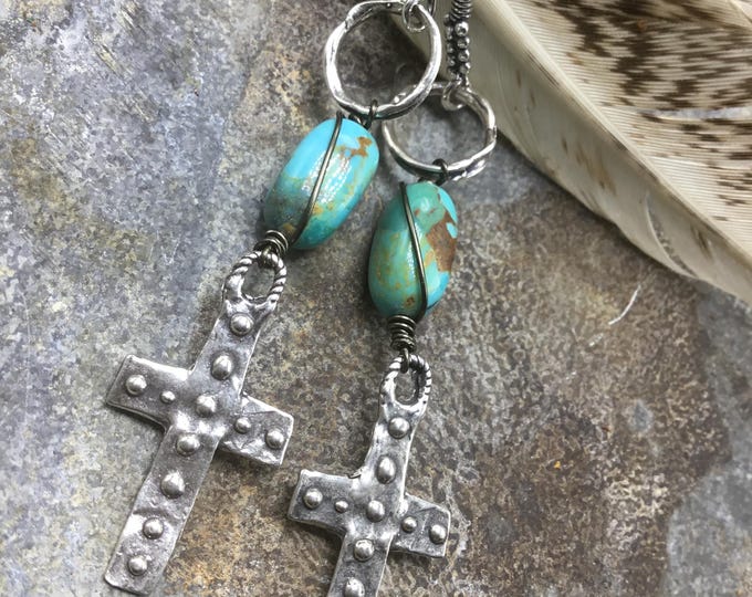 Rugged cross sterling hoop earrings with western style ball ear wires and turquoise by Weathered Soul artisan jewelry, western style