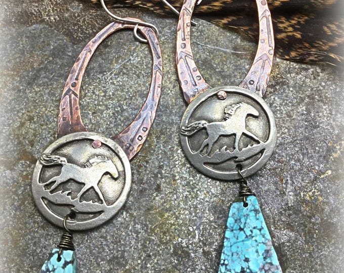 Running free horse oval hoop earrings by Weathered Soul with raw turquoise slab drops, artisan cowgirl or horse lover gift
