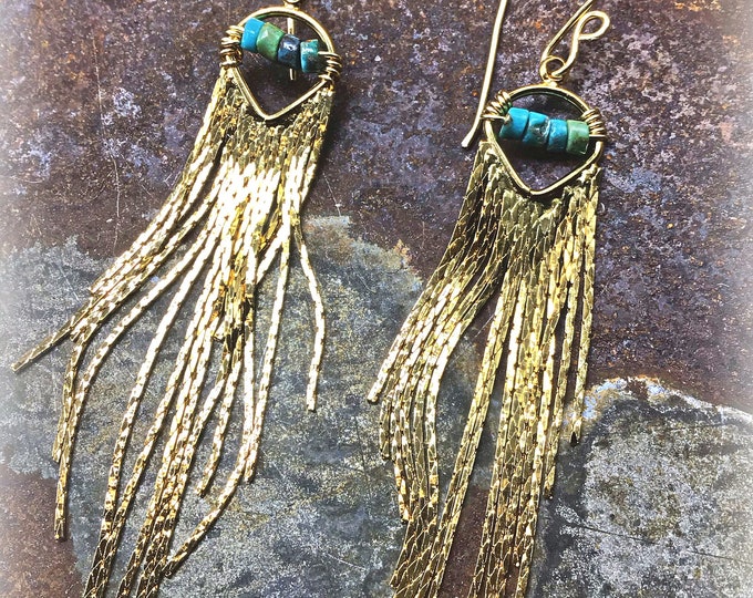 Putting on the ritz very dainty and classy bronze earrings with wire wrapped tiny turquoise stones, super lightweight and stunning