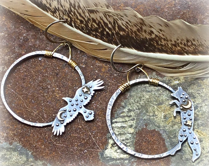 Fox and raven medium sterling hammered hoop earrings with a touch of bronze