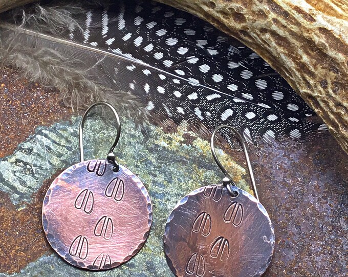 Elk tracks earrings, simplistic one inch copper rounds with oxidized sterling ear wires, outdoor enthusiast, elk lover