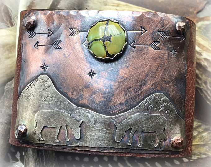 Made to order little grazing donkey cuff by Weathered Soul turquoise varies choose between black or brown wide leather for cuff