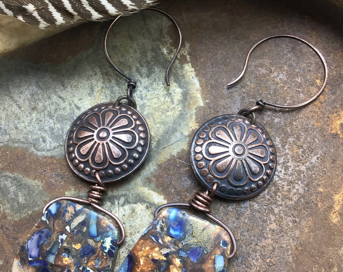 Fun deep dark warm tones in these beautiful imperial jasper earrings with oxidized copper conchos, very classy looking