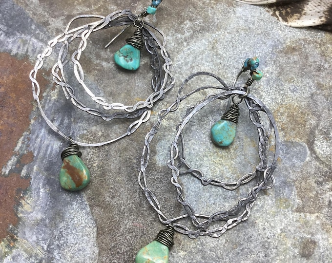 Crazy fun nest hoops with turquoise by Weathered Soul jewelry, artisan hoops, rustic hoops,rustic Cowgirl, cowgirl fashion, unique design