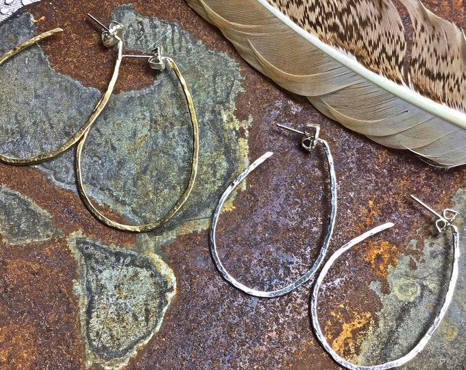 Through the ear bronze rustic hammered hoops, sterling post and ear nut