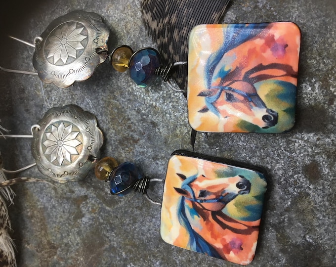 Beautiful pottery bay pony earrings by Weathered Soul with sterling concho and gemstones wire wrapped with sterling ear wires, cowgirl style