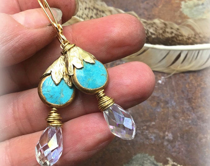 Elegant fashion forward bronze turquoise and quartz crystal drops make these just a fun little going out go to pair of earring