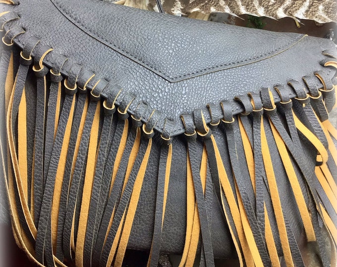 Faux leather boho fringe grey and saddle tan western chic fun vegan bag, classy design, nice size without being too big