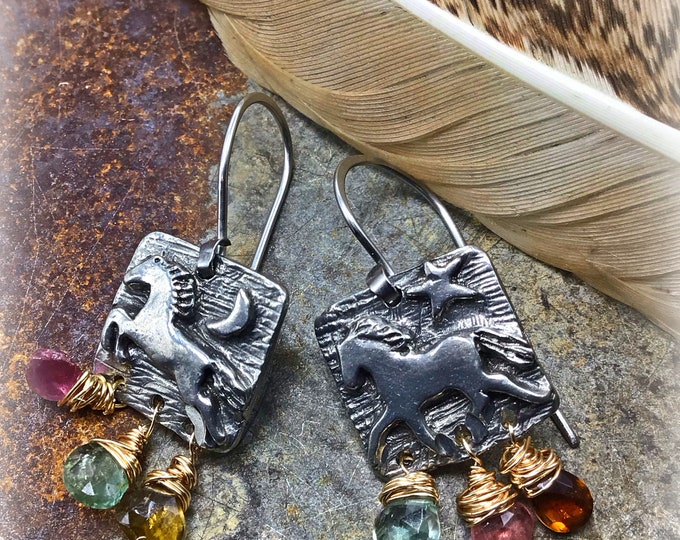 Jumping and prancing pony earrings with tourmaline drops wrapped in bronze, dainty sweet horse lover earrings by Weathered Soul