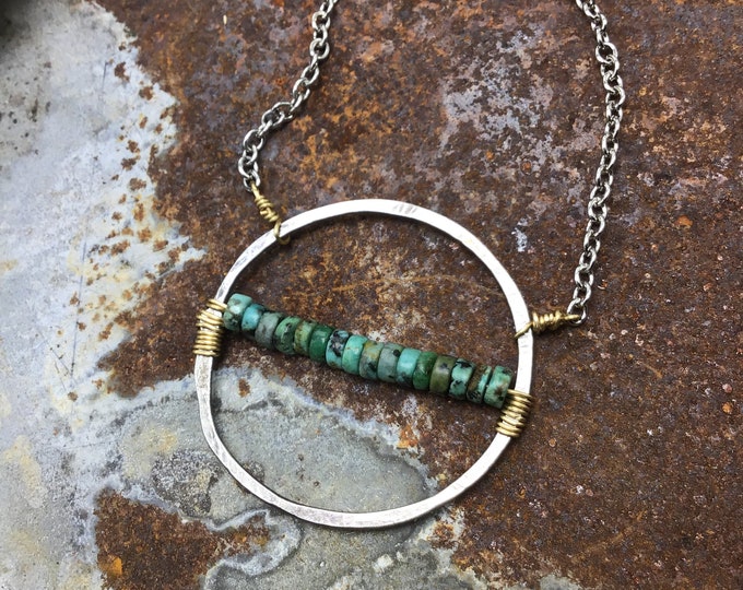 Love infinity necklace by Weathered Soul jewelry, artisan sterling hammered medium, large circle with real turquoise wire wrapped in center