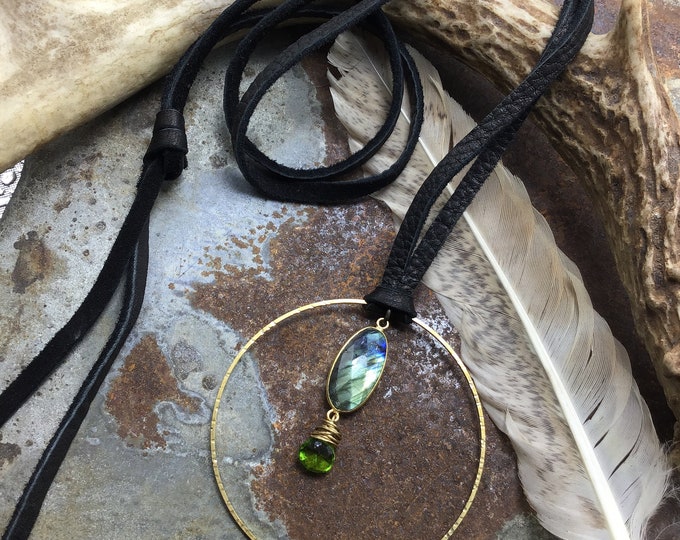 Infinity of love necklace by Weathered Soul, very large bronze  hammered hoop with labradorite and peridot on luxurious black soft leather