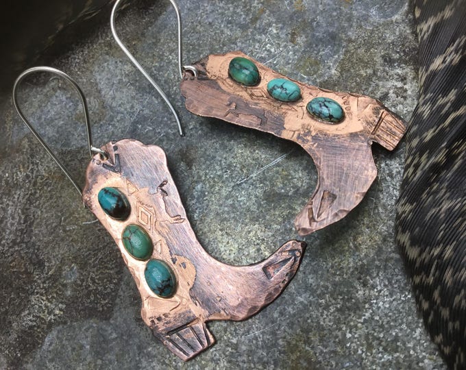 If the boot fits wear it in every color they say. Cute copper rustic boot earrings by Weathered Soul with tiny genuine turquoise stones!