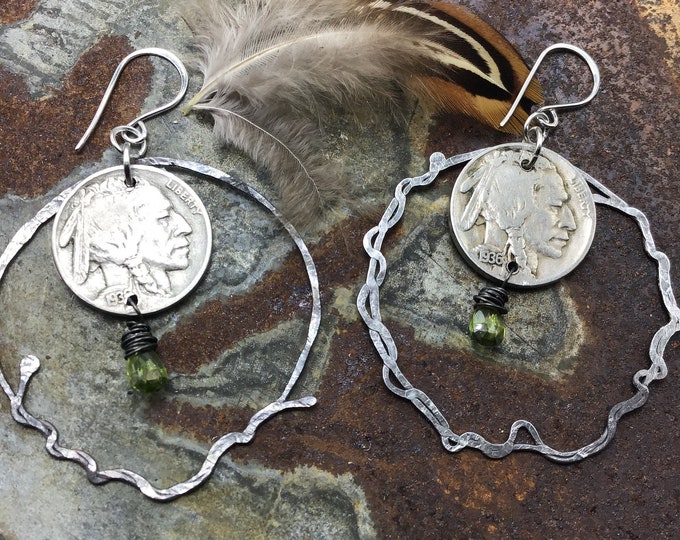 Made to order buffalo nickel nest hoops by Weathered Soul, rustic style,western culture,cowgirl fashion,artisan jewelry,urban chic,USA made