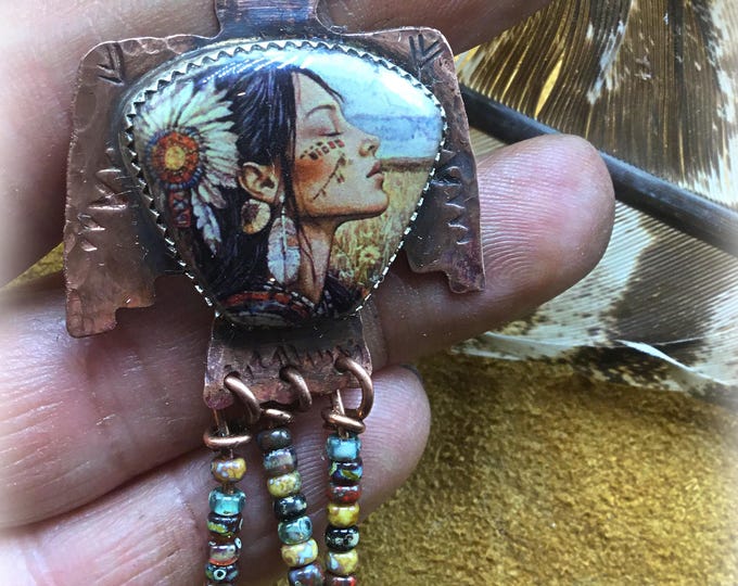 MADE to ORDER beautiful American Indian women earrings set on copper stamped Thunderbird with beaded drop bottom dangles sterling ear wires
