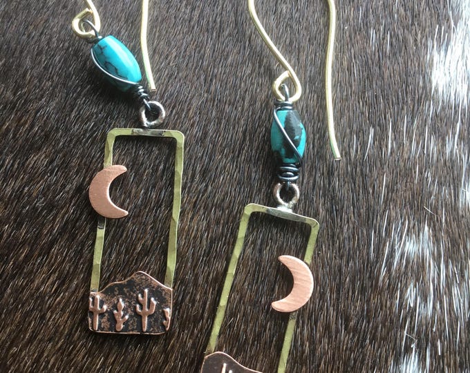 Little desert scene mixed metal rectangular earrings by Weathered Soul, copper, bronze, and sterling with a dab of turquoise too!