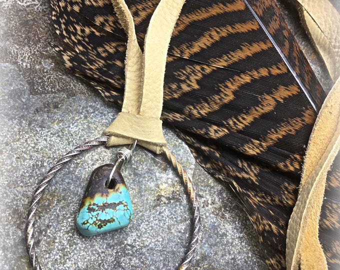Very large sterling hoop with raw stone turquoise drop and soft creamy palomino elk leather, simple over the head style by Weathered Soul
