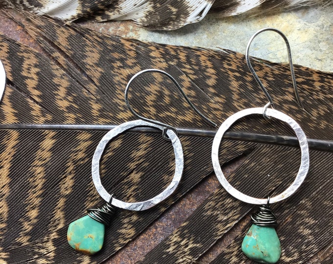 Small rustic hoops with genuine turquoise teardrops, sterling hammered round or a little abstract your choice,approximately one inch hoop