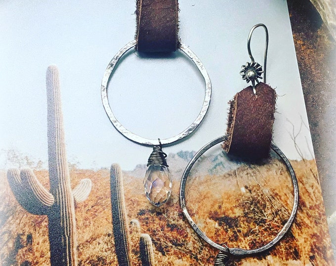 Rustic hammered sterling hoops with leather and quartz Crystal dangles, sterling artisan ear wires