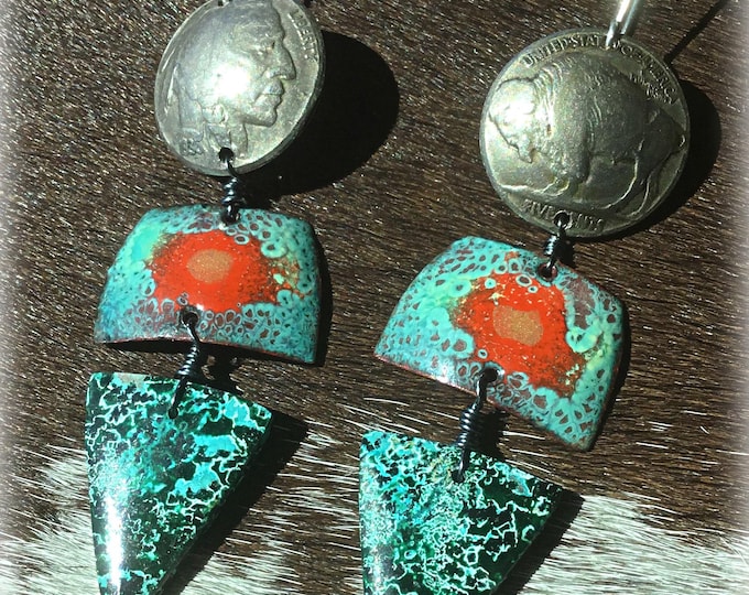 Vintage buffalo nickel, wild enamel and  Chrysocolla make these one of a kind flashy western flavored earrings by Weathered Soul jewelry