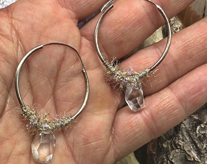 Through the ear vintage inspired sparkle Holiday earrings by Weathered Soul sterling hoops, tinsel and quartz