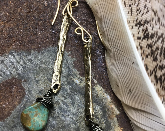 Bronze rustic long bar style earrings with turquoise drop by Weathered Soul, simplistic style