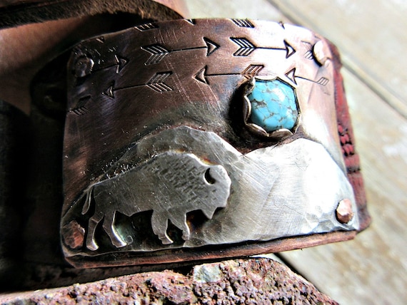 Made to order Buffalo Roam Cuff by Weathered Soul Jewelry, turquoise, arrows, bison, buffalo, vintage leather or recycled leather, USA art
