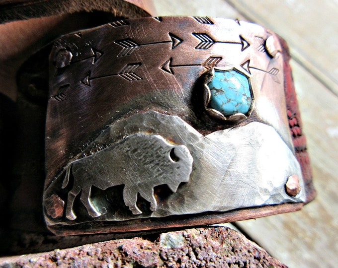 Made to order Buffalo Roam Cuff by Weathered Soul Jewelry, turquoise, arrows, bison, buffalo, vintage leather or recycled leather, USA art