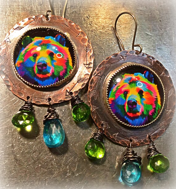 Many colors grizzly bear earrings by Weathered soul jewelry, artisan feather embossed rustic copper medallions with quartz and peridot