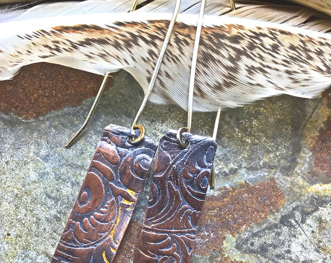 Copper embossed tooled leather looking long rectangular drop simple style earrings by Weathered Soul