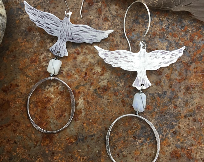 Flying Raven earrings by Weathered Soul jewelry very light , artisan hammered sterling hoops,nature lover,bird jewelry bird lover,moonstone