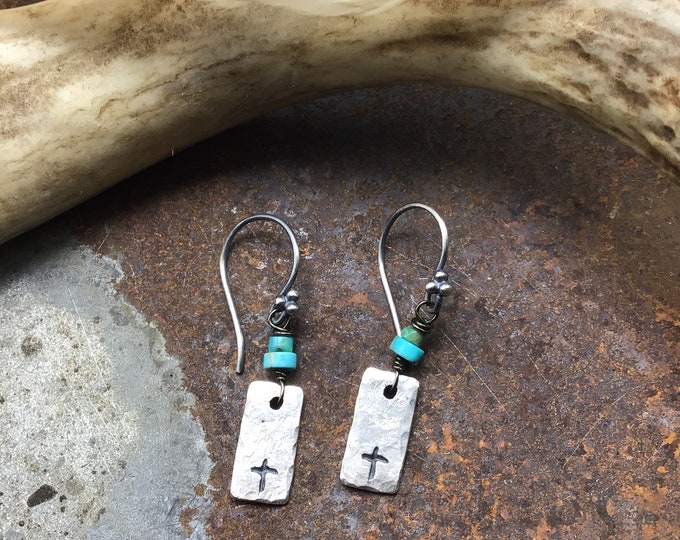 Dainty sweet rustic sterling cross earrings with a touch of turquoise, sweet little everyday inspirational wear, lightweight