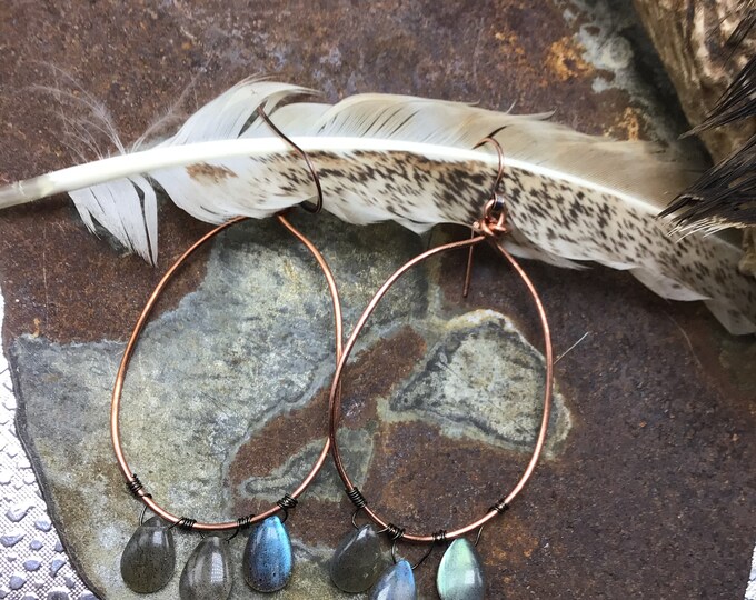 Large copper hoops with labradorite, urban chic