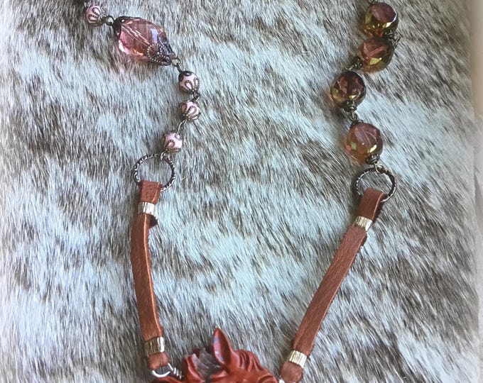 Jasper carved horse head pendant with vintage rosary style mixed stone chain and a touch of leather with rustic stamped hoops, horse lover